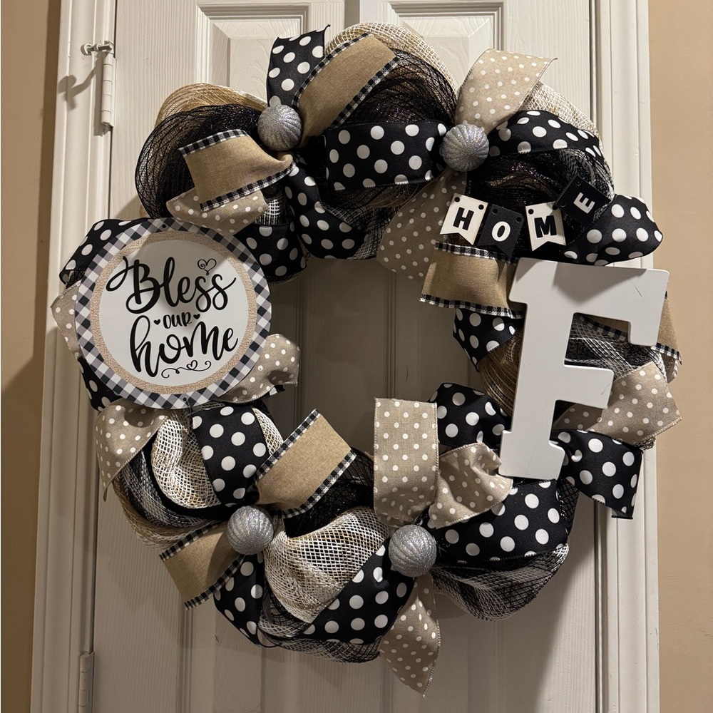 Bless Our Home Black & Beige Decorative Door Wreath
